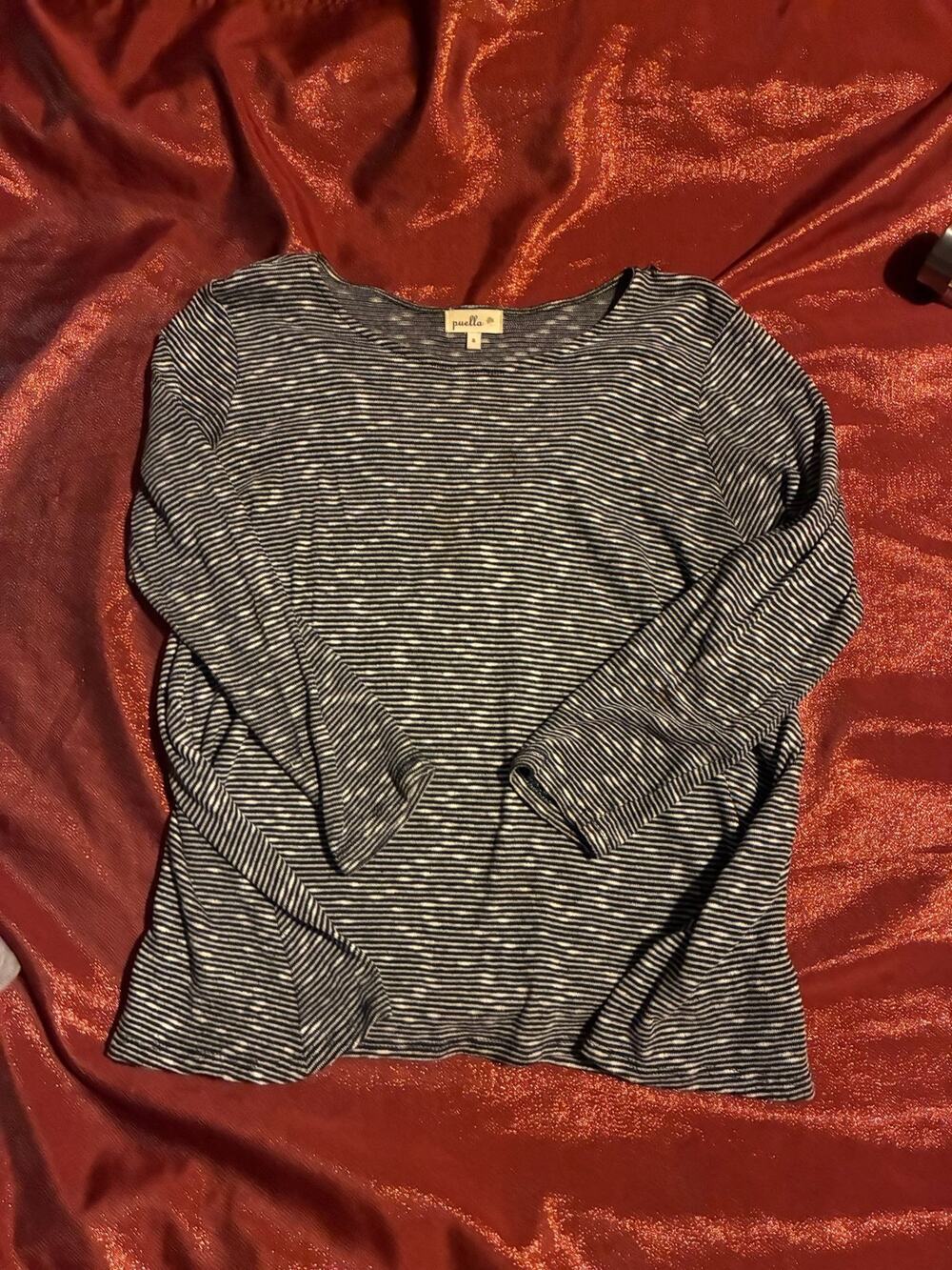 Puella Knit Top Womens S Black White Striped Long Sleeve Boat Neck Casual Layer